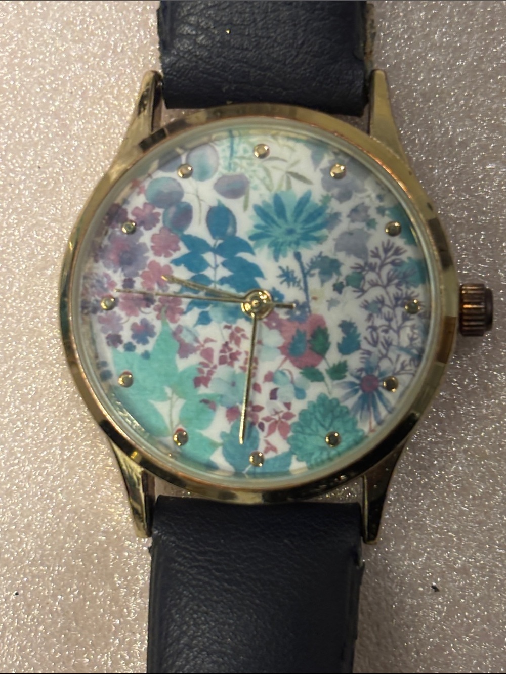 Floral Dial Women's Watch with Navy Strap